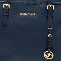 Pre Owned MICHAEL Michael Kors Navy Blue Leather Medium Jet Set Travel Tote