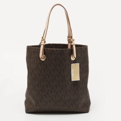 Pre Owned MICHAEL Michael Kors Brown Signature Coated Canvas and Leather Jetset Tote