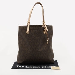 Pre Owned MICHAEL Michael Kors Brown Signature Coated Canvas and Leather Jetset Tote