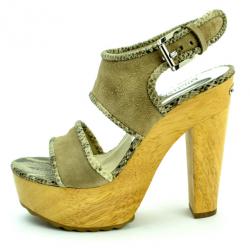 Pre Owned MICHAEL Michael Kors Beige Suede Lilly Platform Sandals With Snakeskin Trim Size 38.5