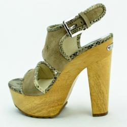 Pre Owned MICHAEL Michael Kors Beige Suede Lilly Platform Sandals With Snakeskin Trim Size 38.5
