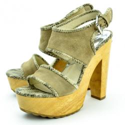 Pre Owned MICHAEL Michael Kors Beige Suede Lilly Platform Sandals With Snakeskin Trim Size 38.5