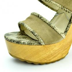 Pre Owned MICHAEL Michael Kors Beige Suede Lilly Platform Sandals With Snakeskin Trim Size 38.5