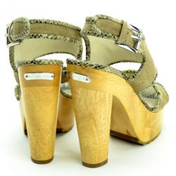 Pre Owned MICHAEL Michael Kors Beige Suede Lilly Platform Sandals With Snakeskin Trim Size 38.5