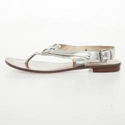 Pre Owned MICHAEL Michael Kors Silver Leather Aubrey Logo Thong Sandals Size 38 