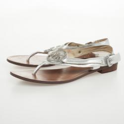 Pre Owned MICHAEL Michael Kors Silver Leather Aubrey Logo Thong Sandals Size 38 