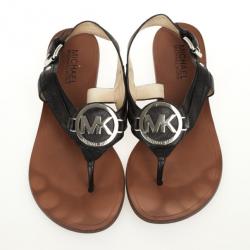 Pre Owned MICHAEL Michael Kors Black Leather Aubrey Logo Thong Sandals Size 37