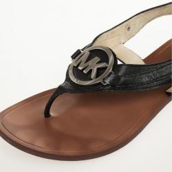 Pre Owned MICHAEL Michael Kors Black Leather Aubrey Logo Thong Sandals Size 37