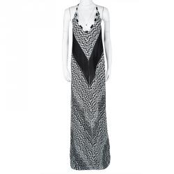 Pre Owned Missoni Monochrome Knit Chevron and Snake Patch Pattern Sleeveless Maxi Dress XL