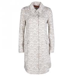 Pre Owned Missoni Beige and White Textured Lurex Knit Detail Long Coat S