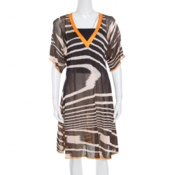 Pre Owned Missoni Mare Yellow and Brown Striped Knit V Neck Dress L