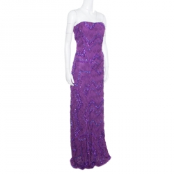 Pre Owned Missoni Purple Crochet Knit Sequin Embellished Strapless Heloise Evening Gown L