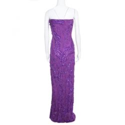 Pre Owned Missoni Purple Crochet Knit Sequin Embellished Strapless Heloise Evening Gown L