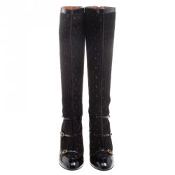 Pre Owned Missoni Black Leather and Knit Fabric Knee High Boots Size 39
