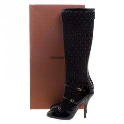 Pre Owned Missoni Black Leather and Knit Fabric Knee High Boots Size 39