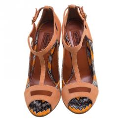 Pre Owned Missoni Peach Suede and Knit Fabric Peep Toe T Strap Wedge Sandals Size 39