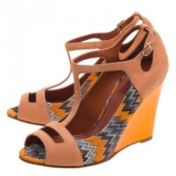 Pre Owned Missoni Peach Suede and Knit Fabric Peep Toe T Strap Wedge Sandals Size 39