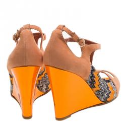 Pre Owned Missoni Peach Suede and Knit Fabric Peep Toe T Strap Wedge Sandals Size 39