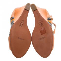 Pre Owned Missoni Peach Suede and Knit Fabric Peep Toe T Strap Wedge Sandals Size 39