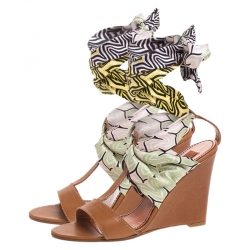 Pre Owned Missoni Brown Leather And Multicolor Silk Ribbon Ankle Wrap Wedge Sandals Size 39
