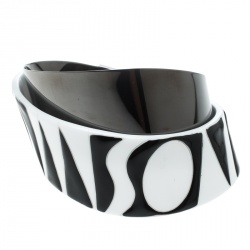 Pre Owned Missoni Monochrome Logo Resin Gunmetal Tone Cuff Bracelet