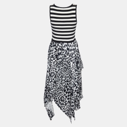 Pre Owned Missoni Monochrome Striped Knit & Satin Asymmetric Dress M