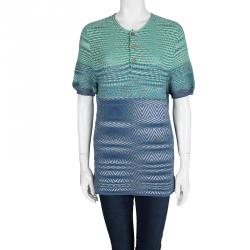 Pre Owned Missoni Blue Patterned Cotton Knit Short Sleeve Top L