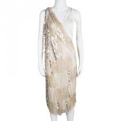 Pre Owned Missoni Beige Perforated Knit Embellished One Shoulder Dress S