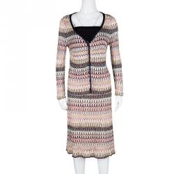 Pre Owned Missoni Multicolor Patterned Perforated Knit Cardigan and Skirt Set L