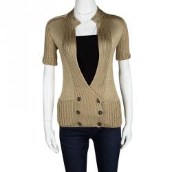Pre Owned Missoni Gold Rib Knit Short Sleeve Cardigan S