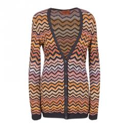 Pre Owned Missoni Multicolor Chevron Pattern Perforated Knit Button Front Long Cardigan M