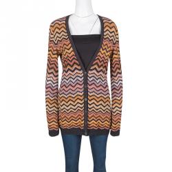 Pre Owned Missoni Multicolor Chevron Pattern Perforated Knit Button Front Long Cardigan M