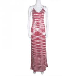 Pre Owned Missoni Red and White Sequin Embellished Knit Noodle Strap Maxi Dress M