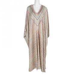 Pre Owned Missoni Beige Patterned Lurex Knit Fringed Neckline Kaftan S