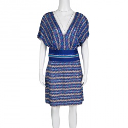 Pre Owned Missoni Blue Perforated Lurex Knit Blouson Dress M