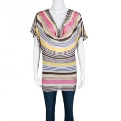 Pre Owned Missoni Multicolor Striped Lurex Knit Detail Short Sleeve Draped Top S