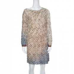 Pre Owned Missoni Brown and Blue Ombre Perforated Knit Draped Front Shift Dress M