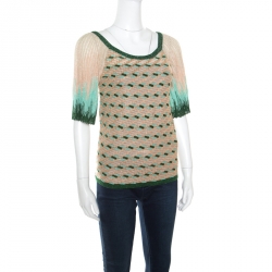 Pre Owned M Missoni Beige and Green Lurex Knit Ombre Raglan Sleeve Top S
