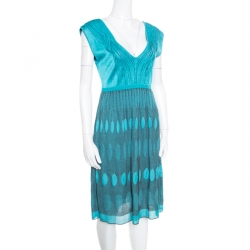 Pre Owned M Missoni Blue Patterned Knit Plunge Neck Sleeveless Dress L