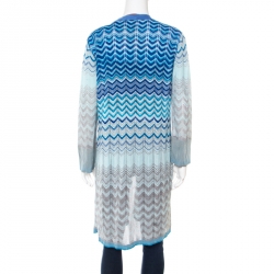 Pre Owned Missoni Blue Lurex Perforated Knit Chevron Pattern Open Front Cardigan L