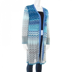 Pre Owned Missoni Blue Lurex Perforated Knit Chevron Pattern Open Front Cardigan L
