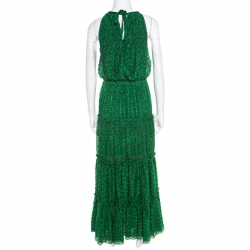 Pre Owned Missoni Metallic Green Knit Neck Tie Detail Tiered Maxi Dress and Fringed Wrap Set M