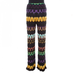 Pre Owned Missoni Multicolor Patterned Perforated Knit Elasticized Waist Wide Leg Pants M