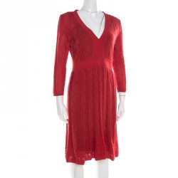 Pre Owned M Missoni Red Stretch Knit Long Sleeve Fit and Flare Dress L
