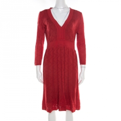 Pre Owned M Missoni Red Stretch Knit Long Sleeve Fit and Flare Dress L