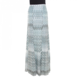 Pre Owned Missoni Blue and Silver Chevron Pattern Perforated Lurex Knit Maxi Skirt L