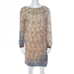 Pre Owned Missoni Beige Flame Patterned Knit Ombre Shift Dress L