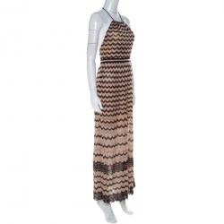 Pre Owned M Missoni Beige & Black Chevron Knit Halterneck Backless Maxi Dress S