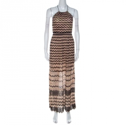Pre Owned M Missoni Beige & Black Chevron Knit Halterneck Backless Maxi Dress S