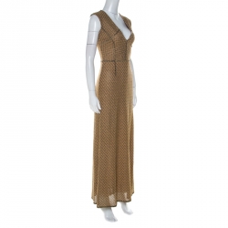 Pre Owned Missoni Gold Lurex & Black Chevron Pattern Deep V-Neck Long Knit Dress S